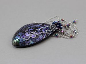 chileart biżuteria autorska muszla paua hematyt srebro wisior łańcuszek naszyjnik